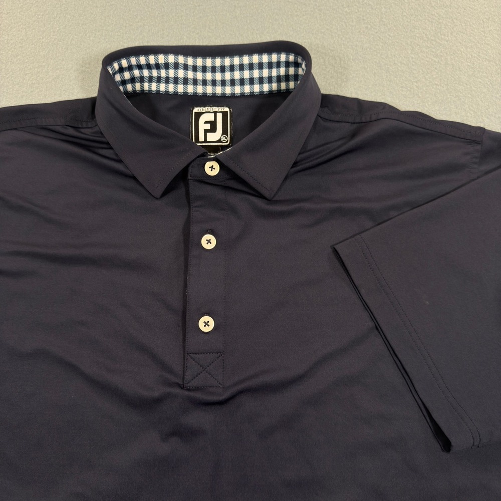 FootJoy Athletic Fit Mens XL Navy Blue Gingham Trim Golf Polo Shirt Short Sleeve